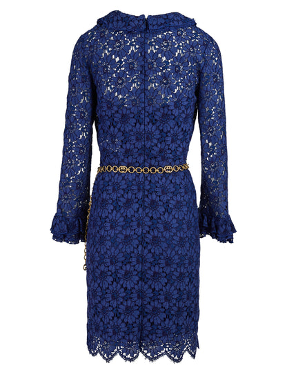 Gucci Blue Lace Floral GG Chain Belted Dress
