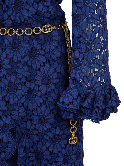 Gucci Blue Lace Floral GG Chain Belted Dress