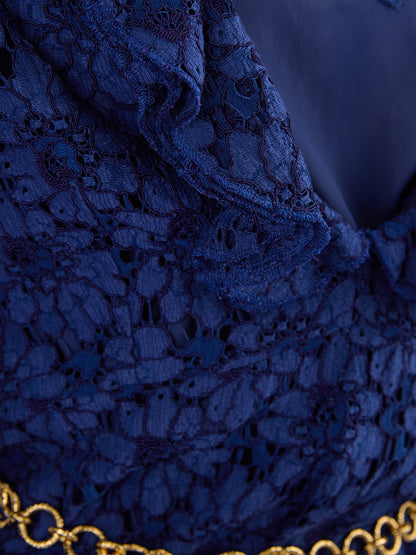 Gucci Blue Lace Floral GG Chain Belted Dress