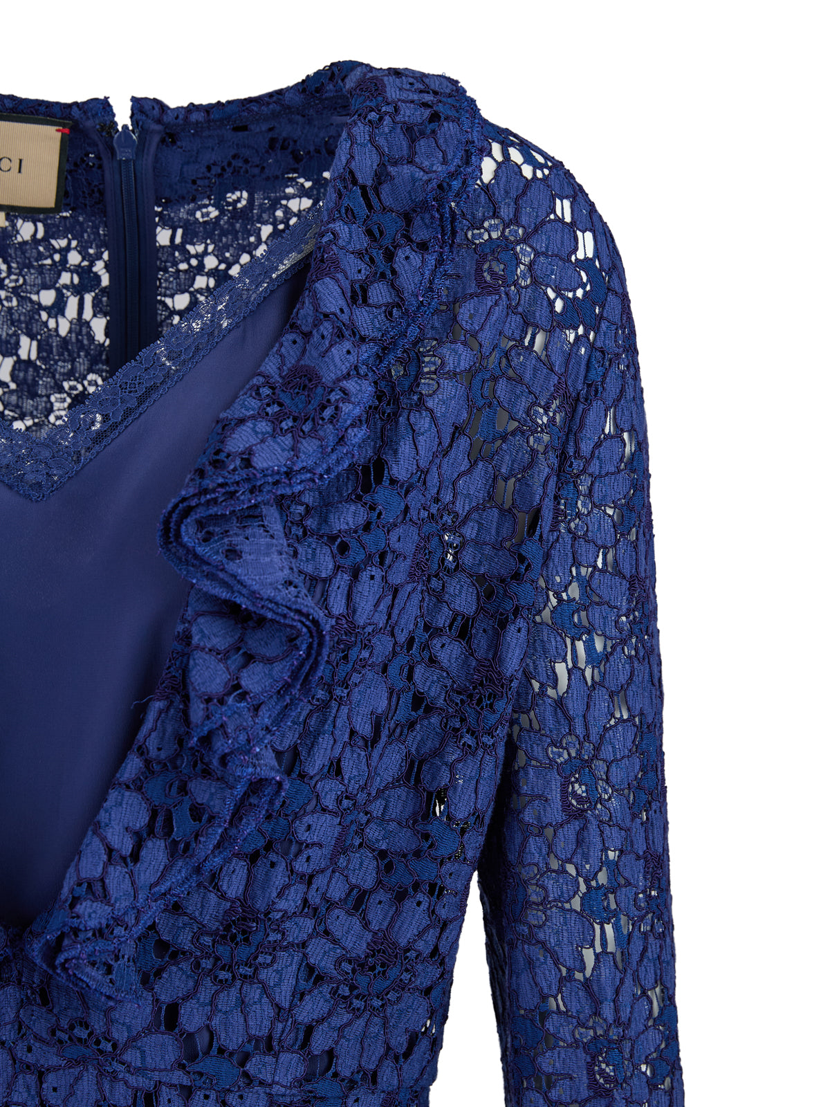 Gucci Blue Lace Floral GG Chain Belted Dress