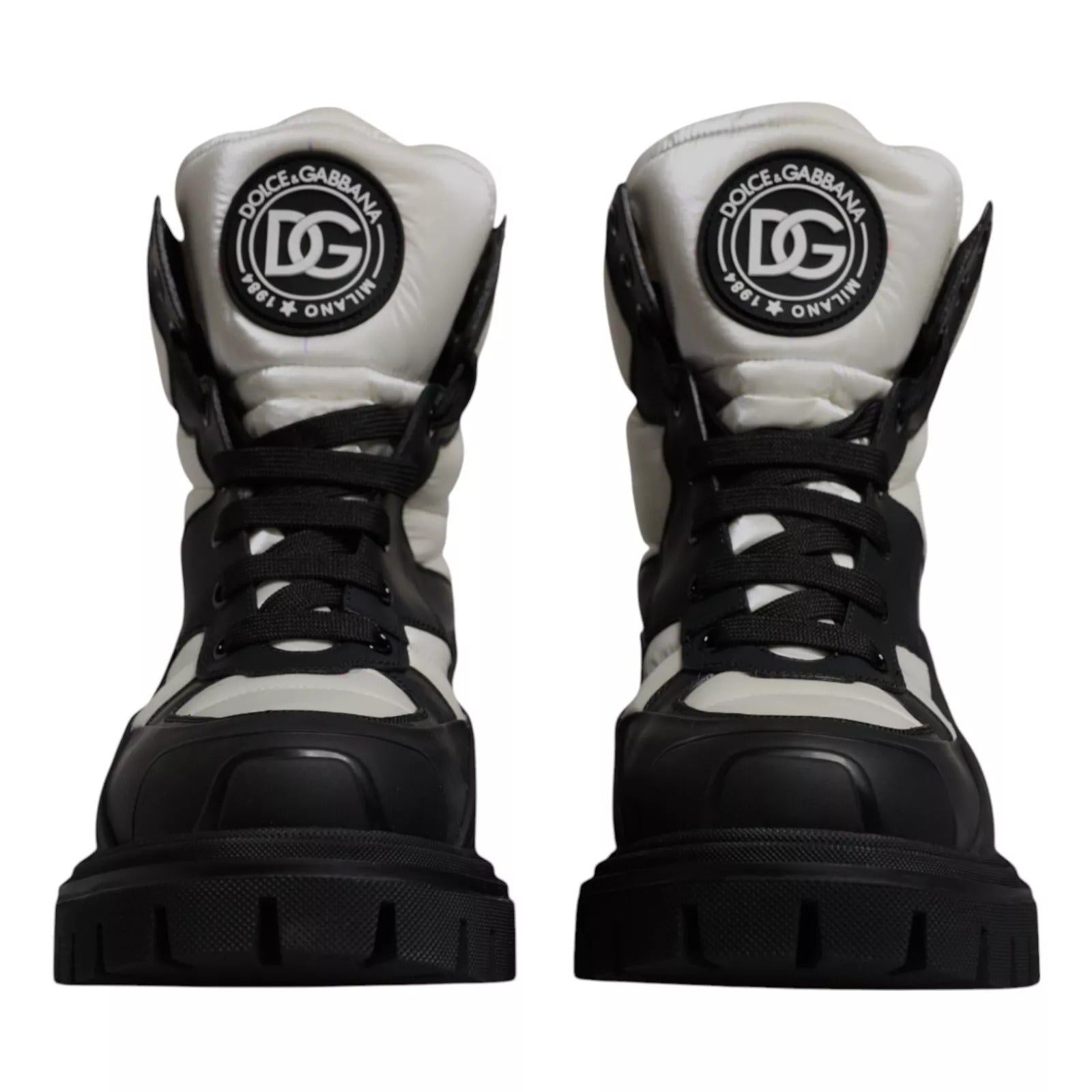 Dolce & Gabbana Black White Padded Mid Calf Lace Up Boots
