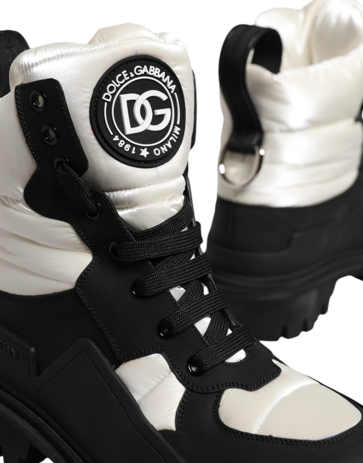 Dolce & Gabbana Black White Padded Mid Calf Lace Up Boots