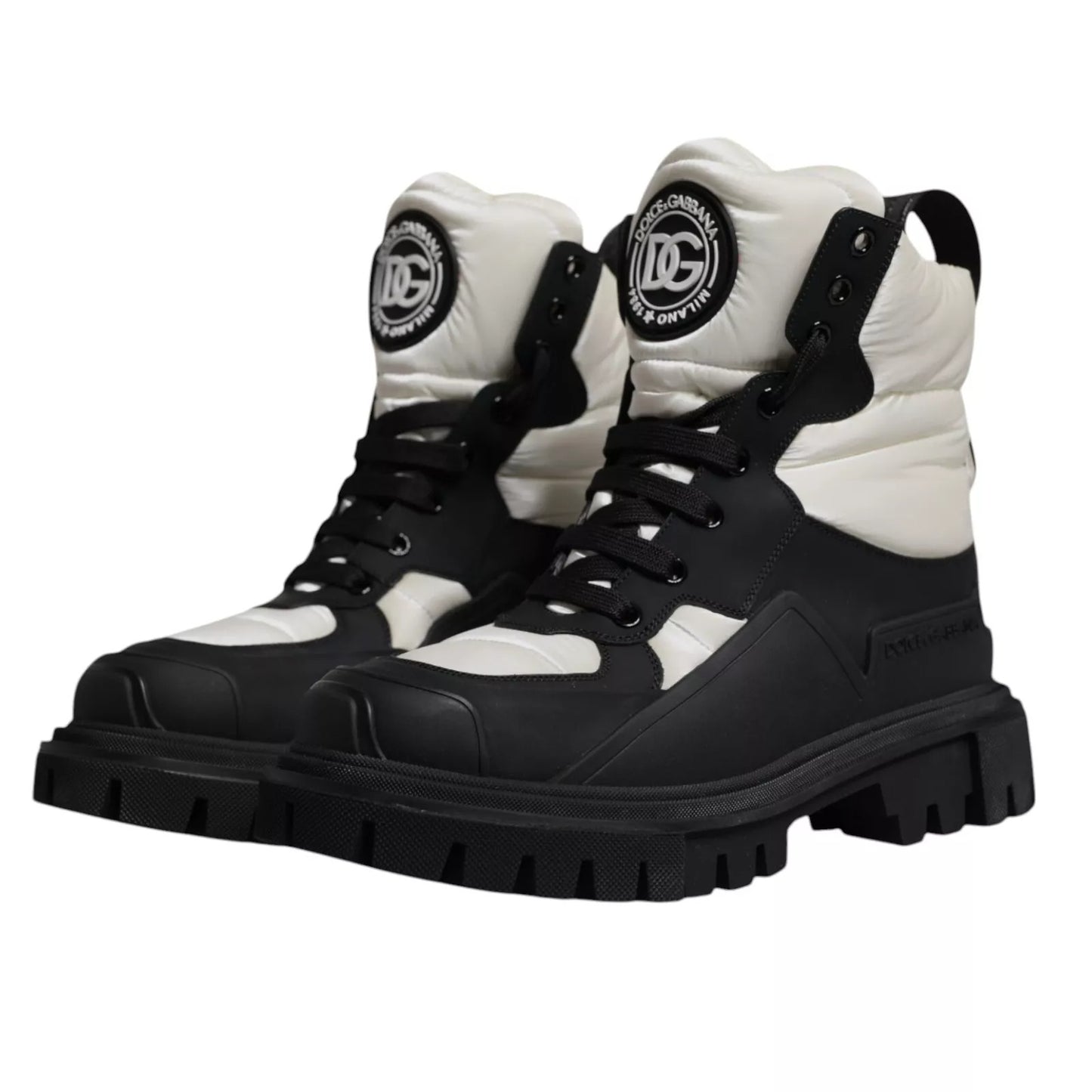 Dolce & Gabbana Black White Padded Mid Calf Lace Up Boots