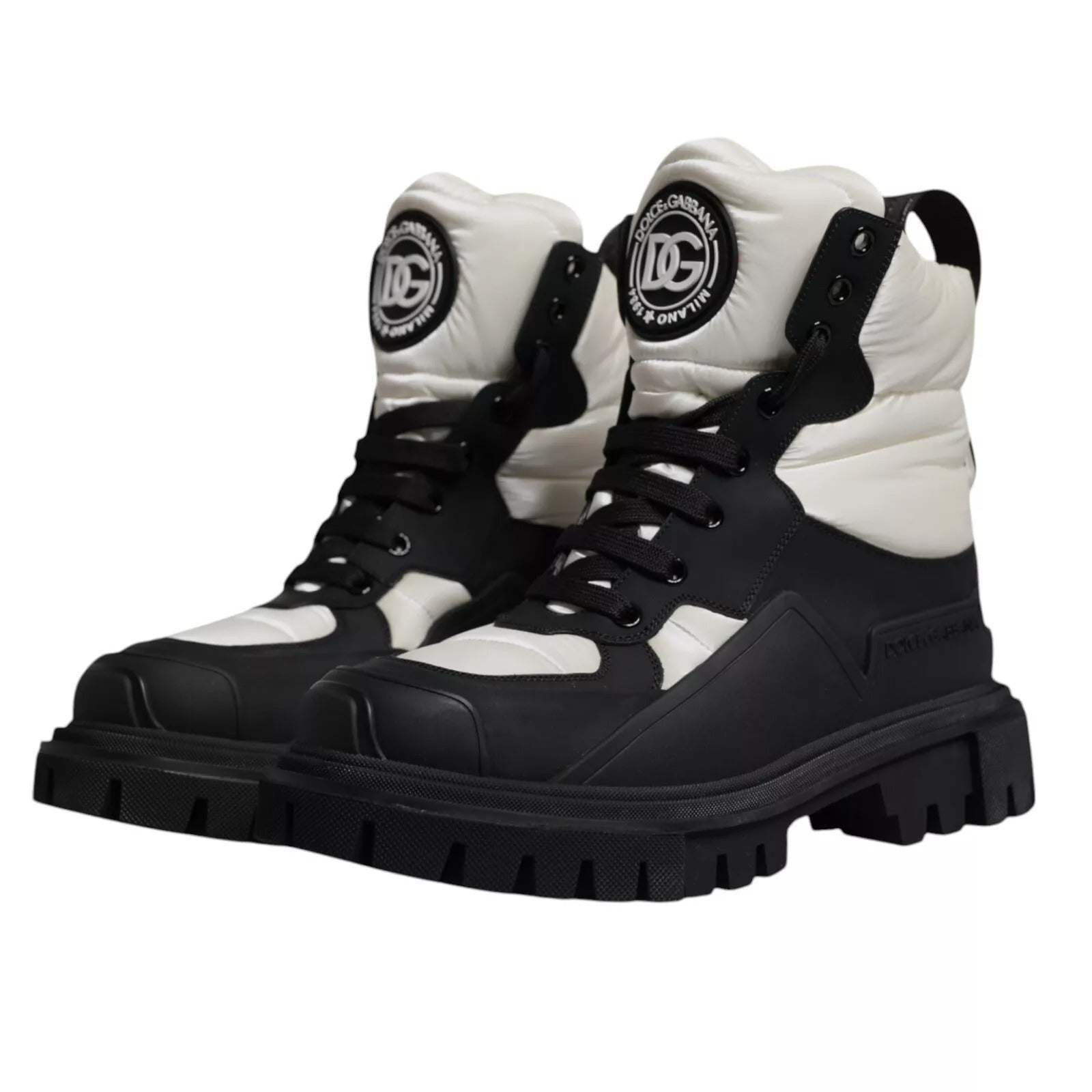 Dolce & Gabbana Black White Padded Mid Calf Lace Up Boots