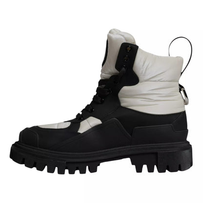 Dolce & Gabbana Black White Padded Mid Calf Lace Up Boots