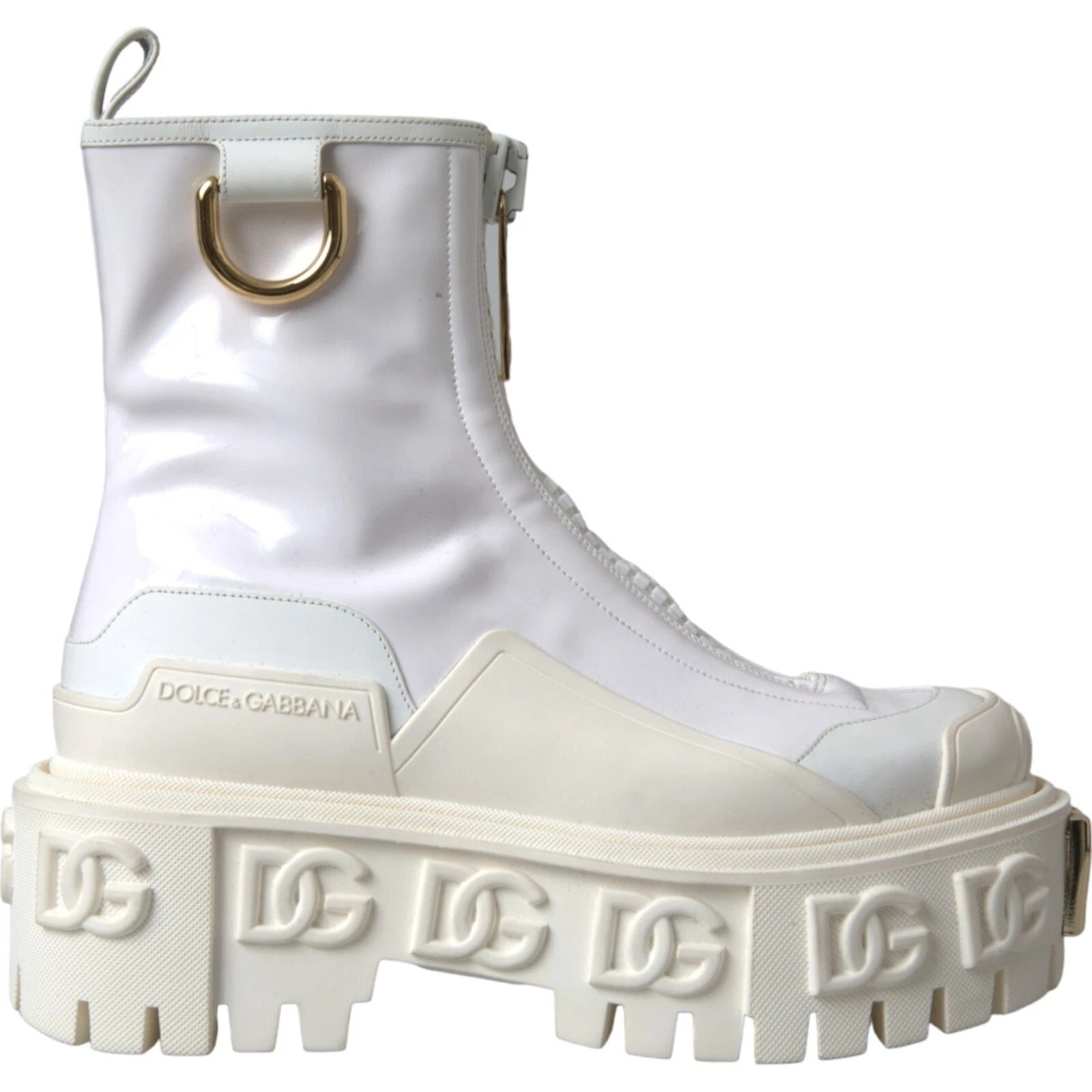 Dolce & Gabbana White Leather Rubber Logo Ankle Boots