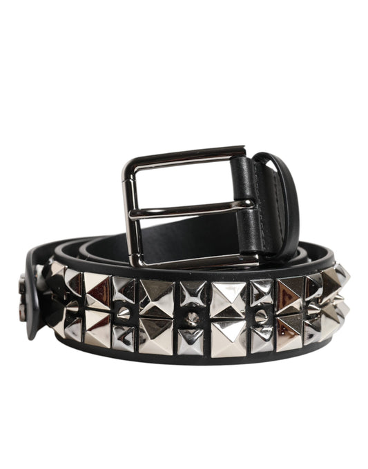Dolce & Gabbana Black Calf Leather Studded Belt with Silver Buckle