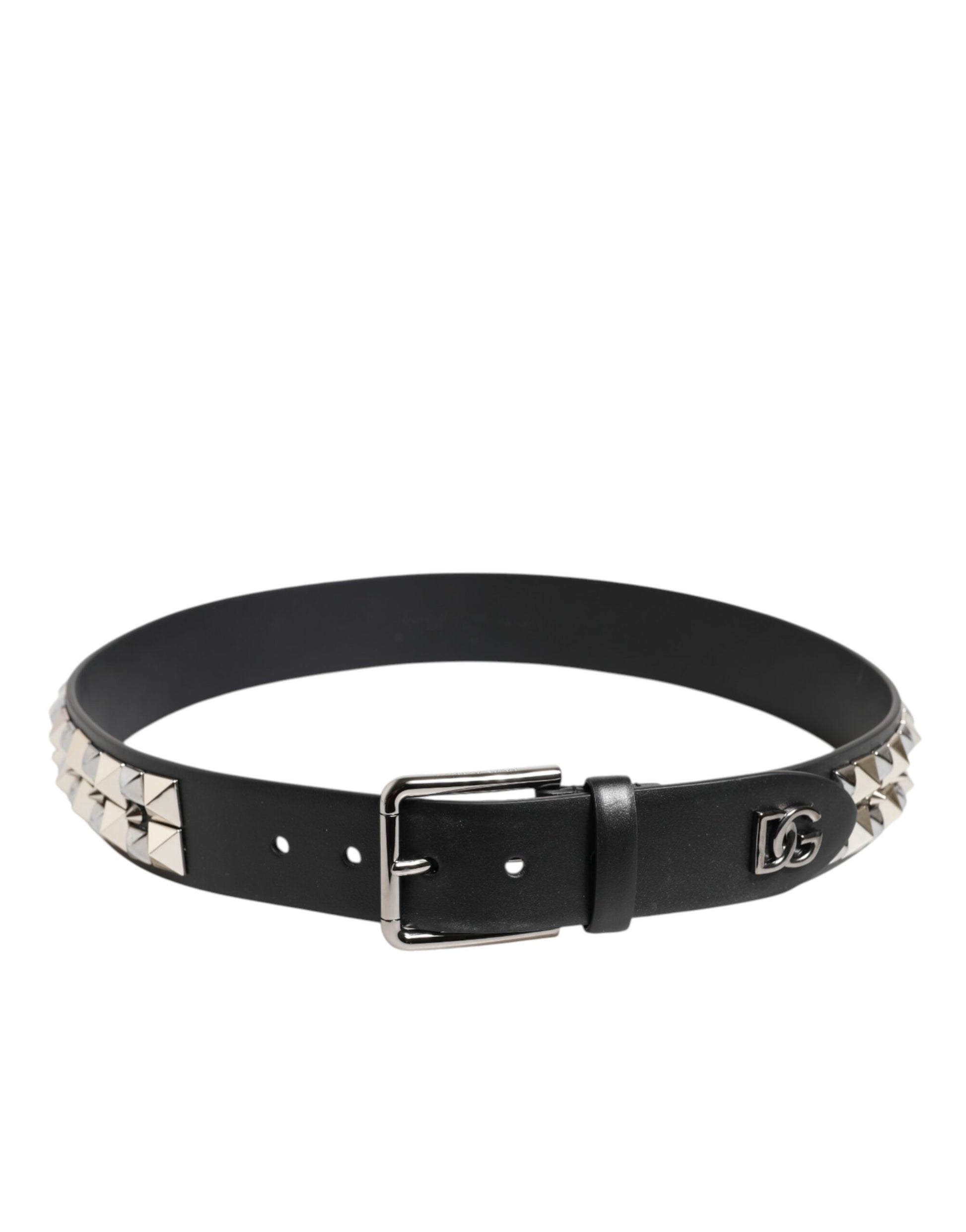 Dolce & Gabbana Black Calf Leather Studded Belt with Silver Buckle