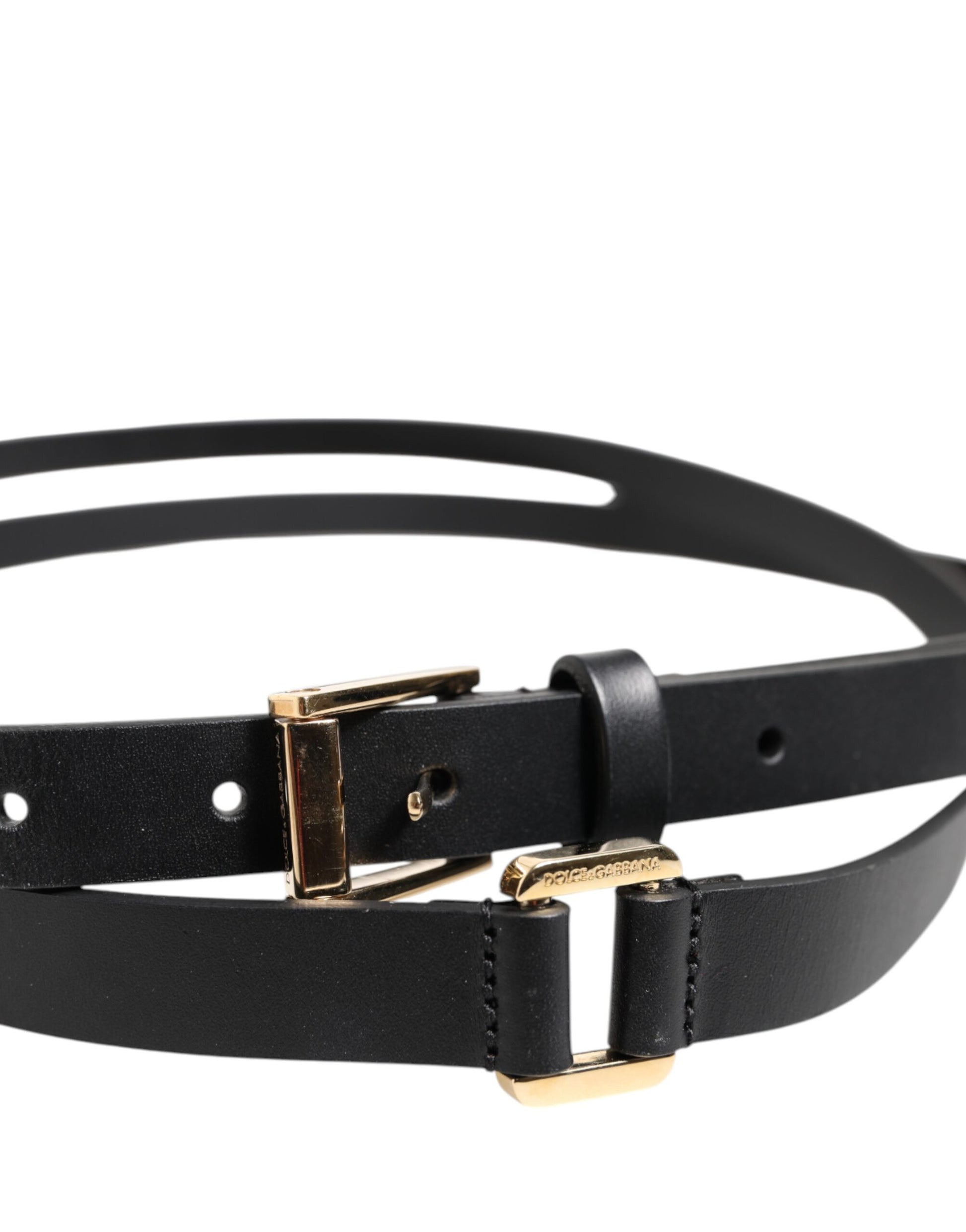 Dolce & Gabbana Black Double Strap Leather Belt with Gold Buckle