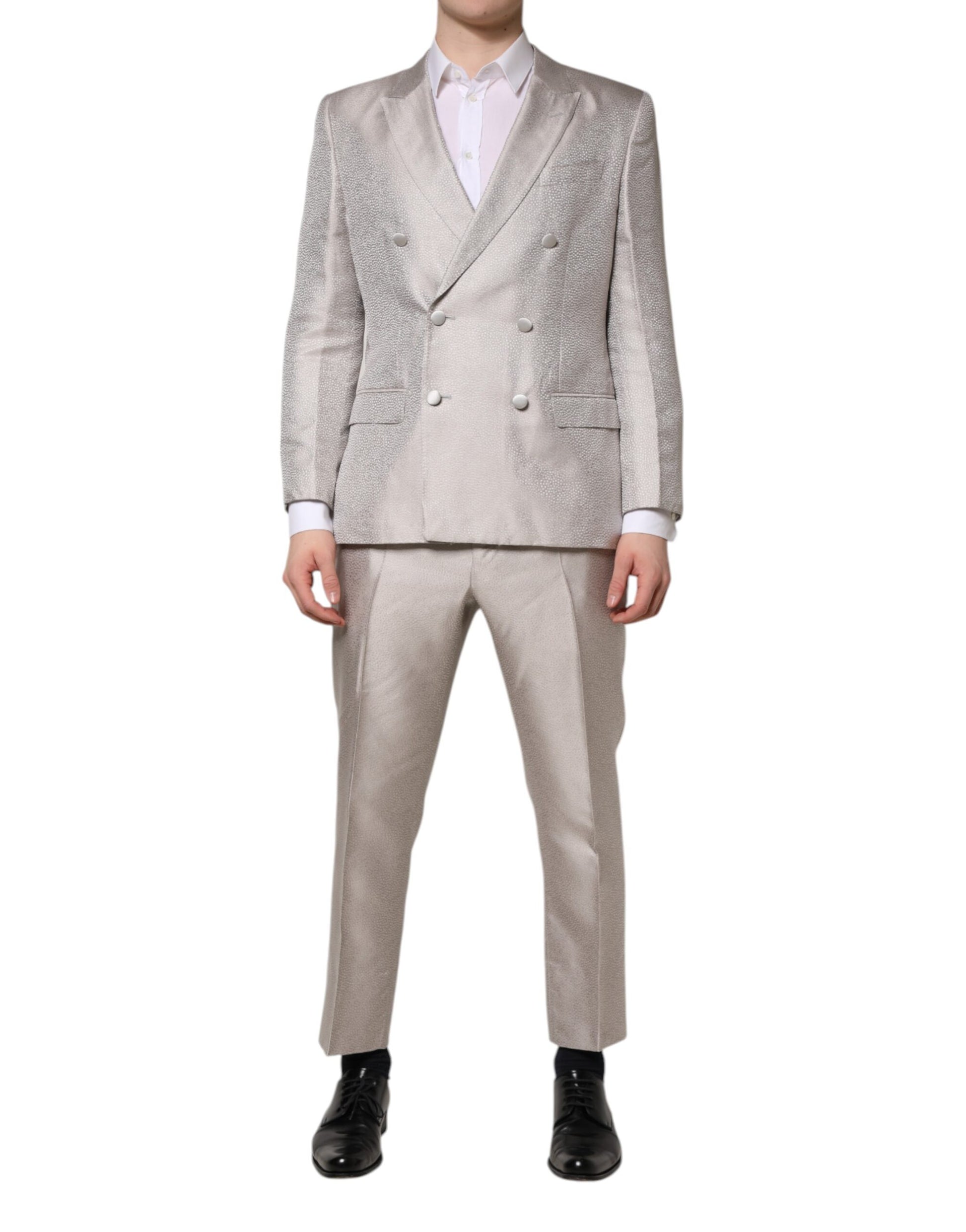 Dolce & Gabbana Light Gray Jacquard Silk Dotted Slim Fit Suit