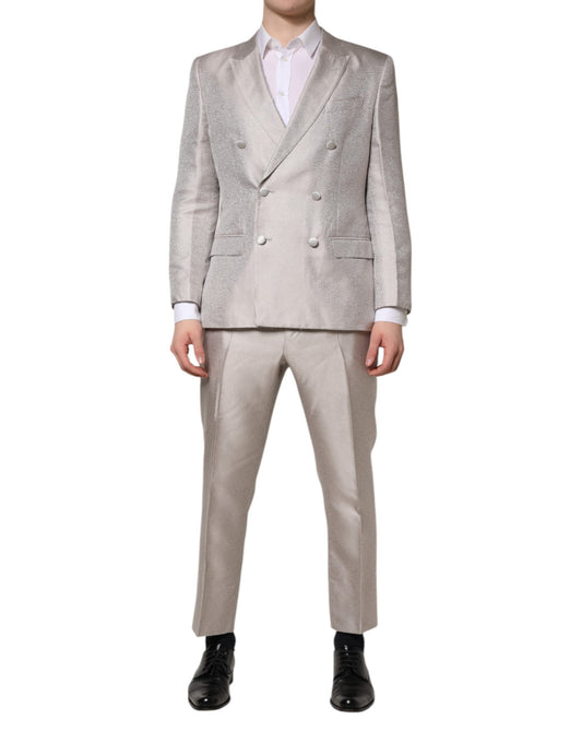 Dolce & Gabbana Light Gray Jacquard Silk Dotted Slim Fit Suit
