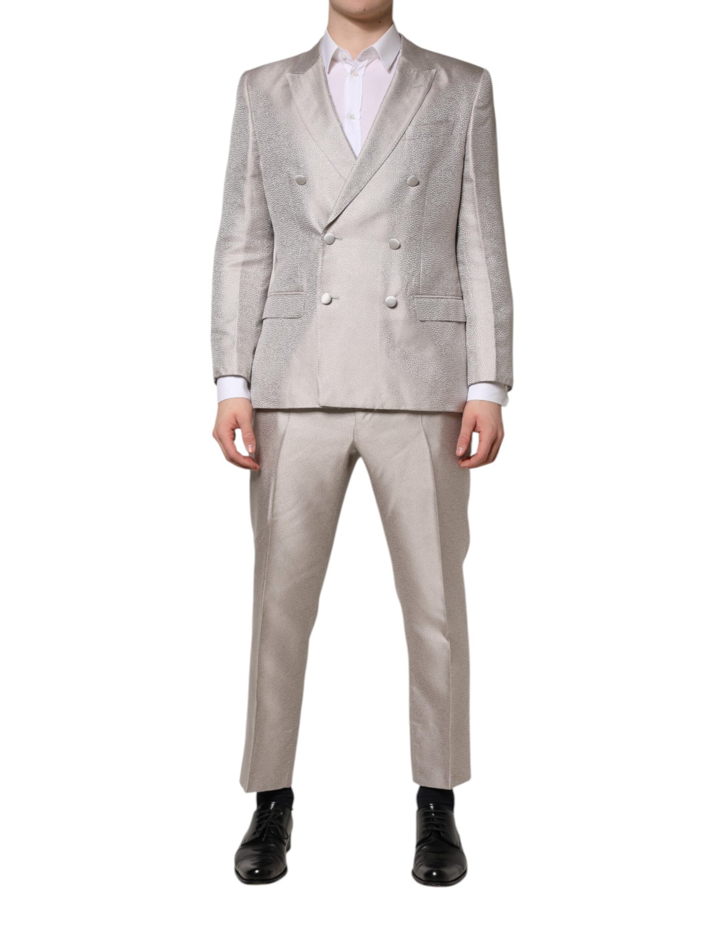 Dolce & Gabbana Light Gray Jacquard Silk Dotted Slim Fit Suit