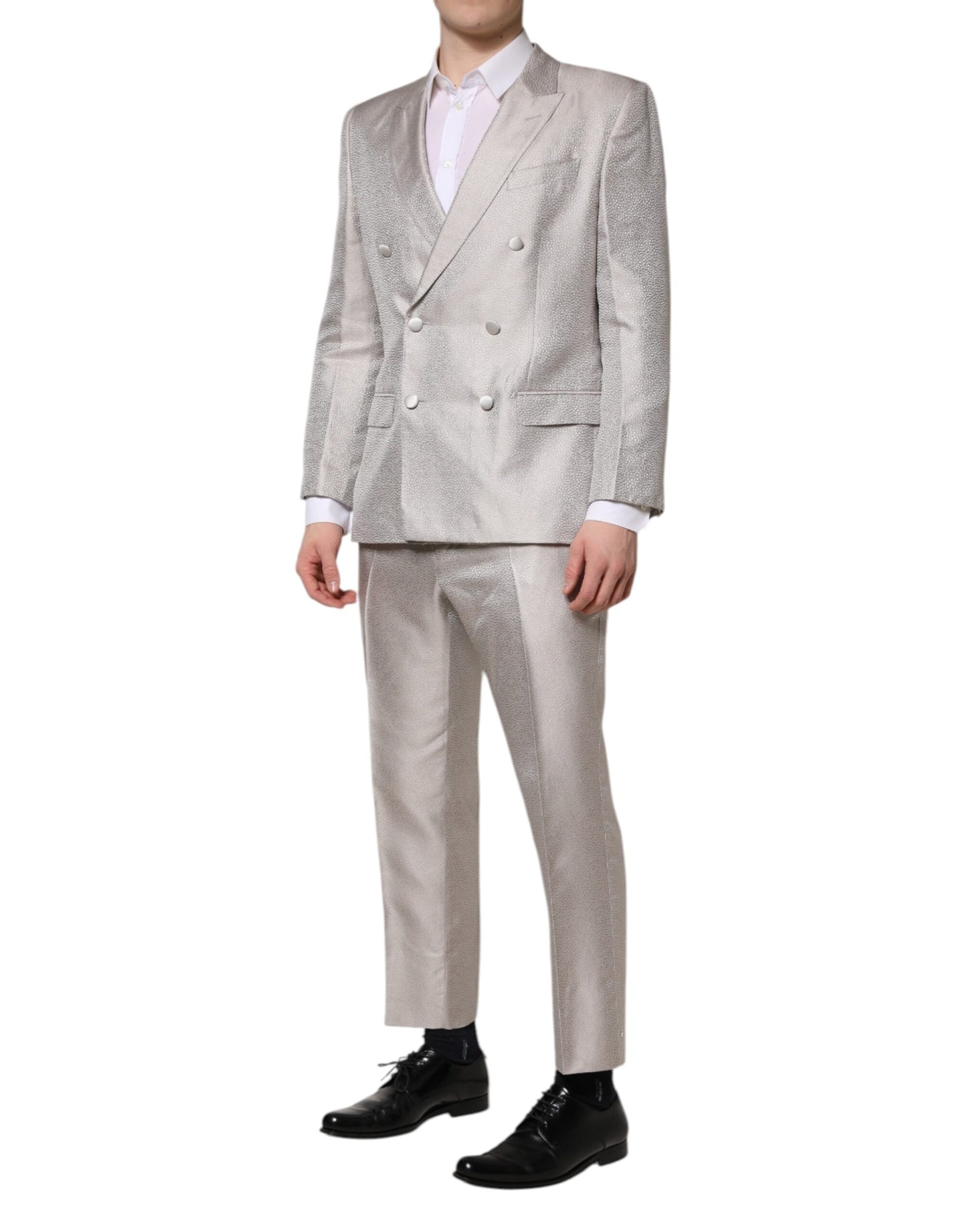 Dolce & Gabbana Light Gray Jacquard Silk Dotted Slim Fit Suit