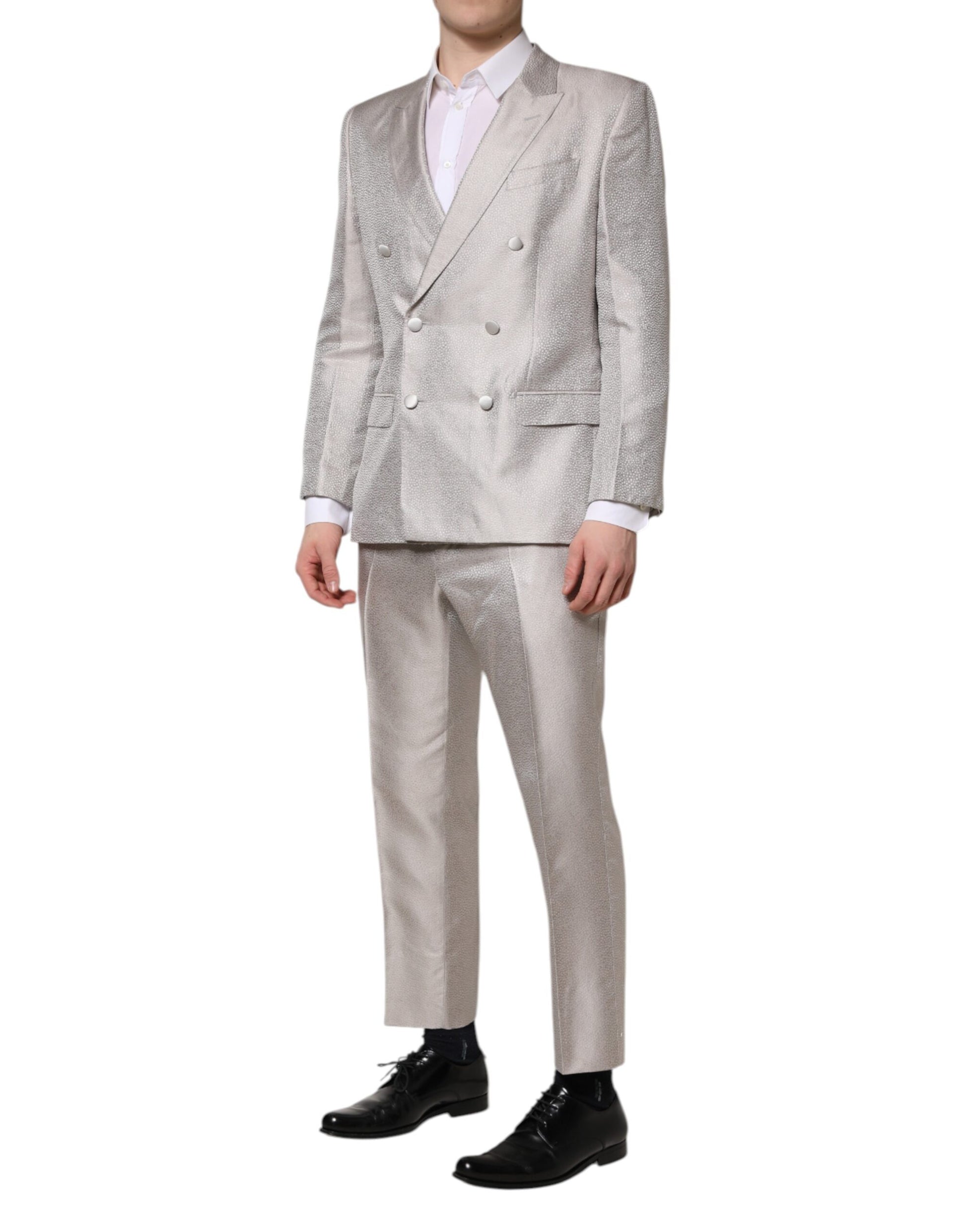 Dolce & Gabbana Light Gray Jacquard Silk Dotted Slim Fit Suit