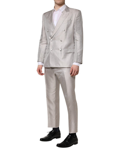 Dolce & Gabbana Light Gray Jacquard Silk Dotted Slim Fit Suit