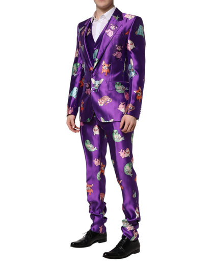 Dolce & Gabbana Purple Silk Animal Print Slim Fit 3 Piece Suit