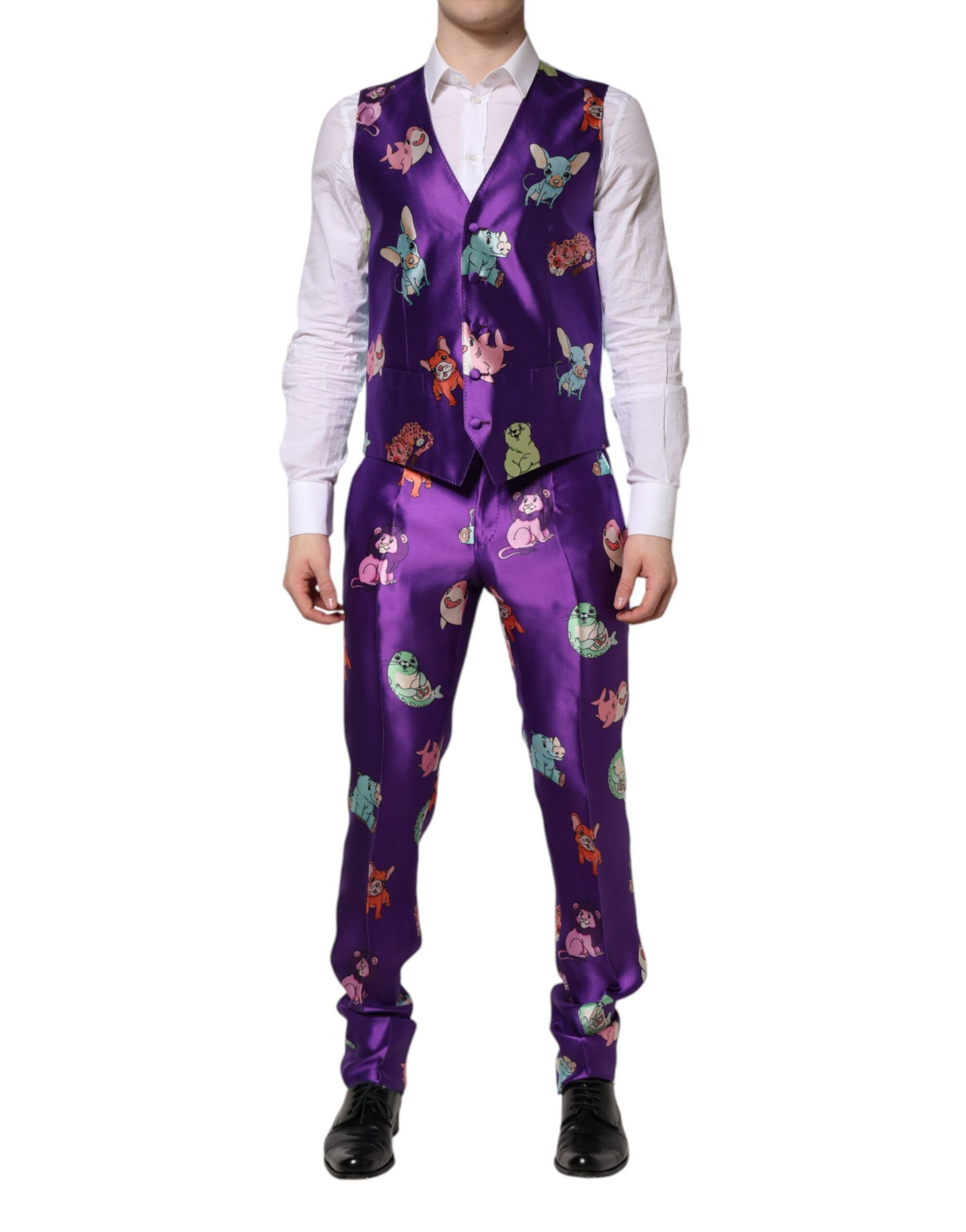 Dolce & Gabbana Purple Silk Animal Print Slim Fit 3 Piece Suit