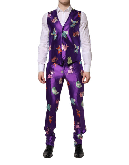 Dolce & Gabbana Purple Silk Animal Print Slim Fit 3 Piece Suit