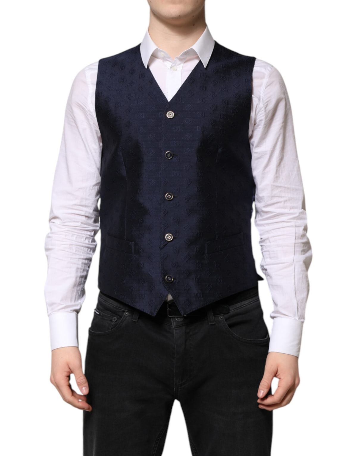 Dolce & Gabbana Dark Blue Wool Formal Waistcoat for Men