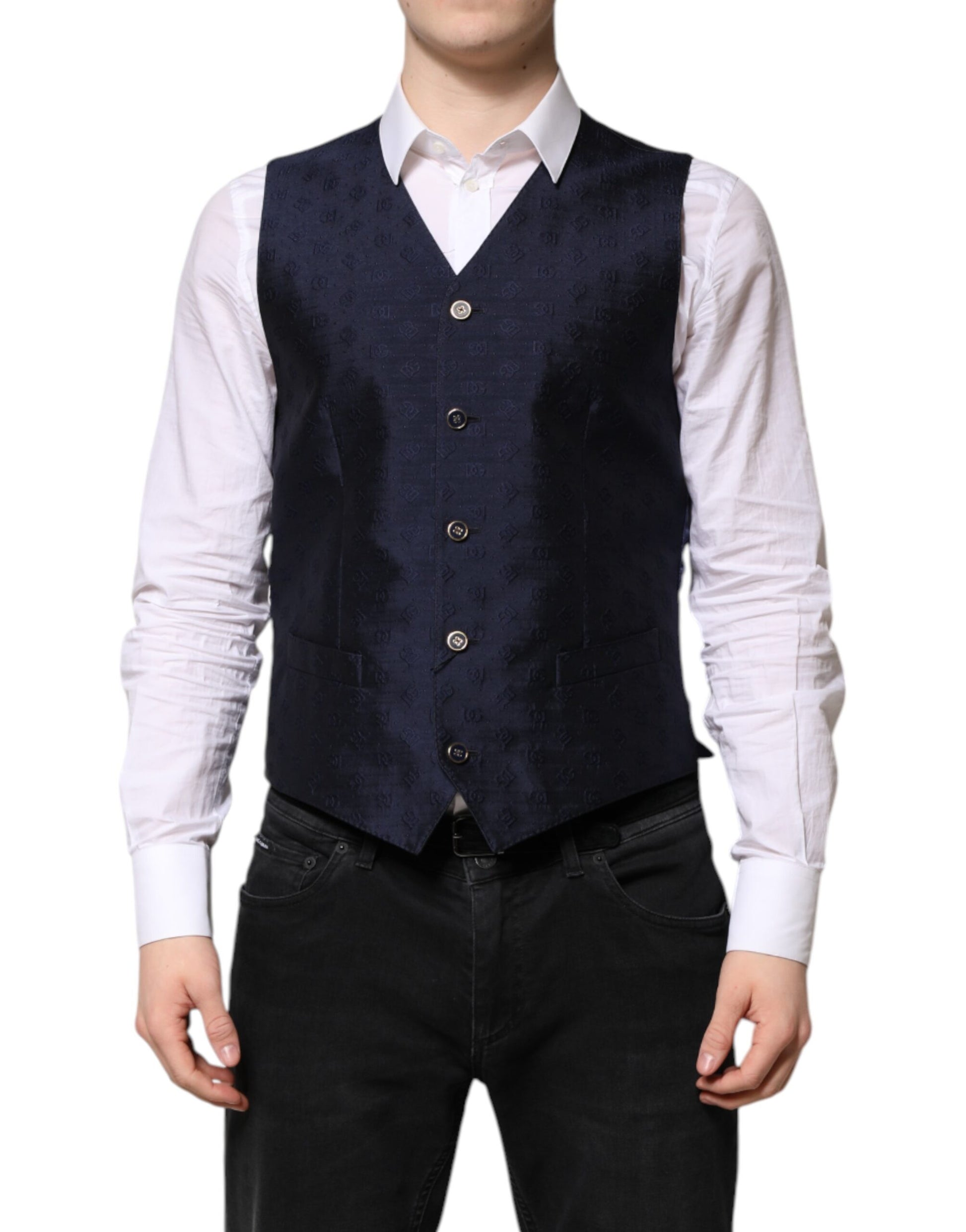 Dolce & Gabbana Dark Blue Wool Formal Waistcoat for Men