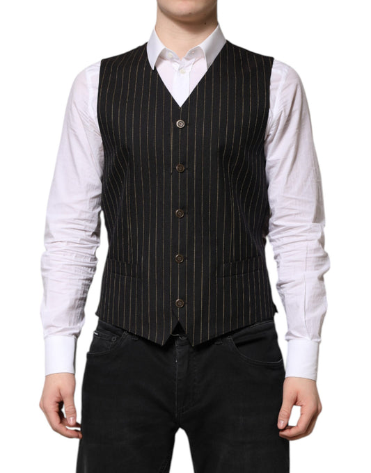 Dolce & Gabbana Black Striped Wool Formal Waistcoat Vest