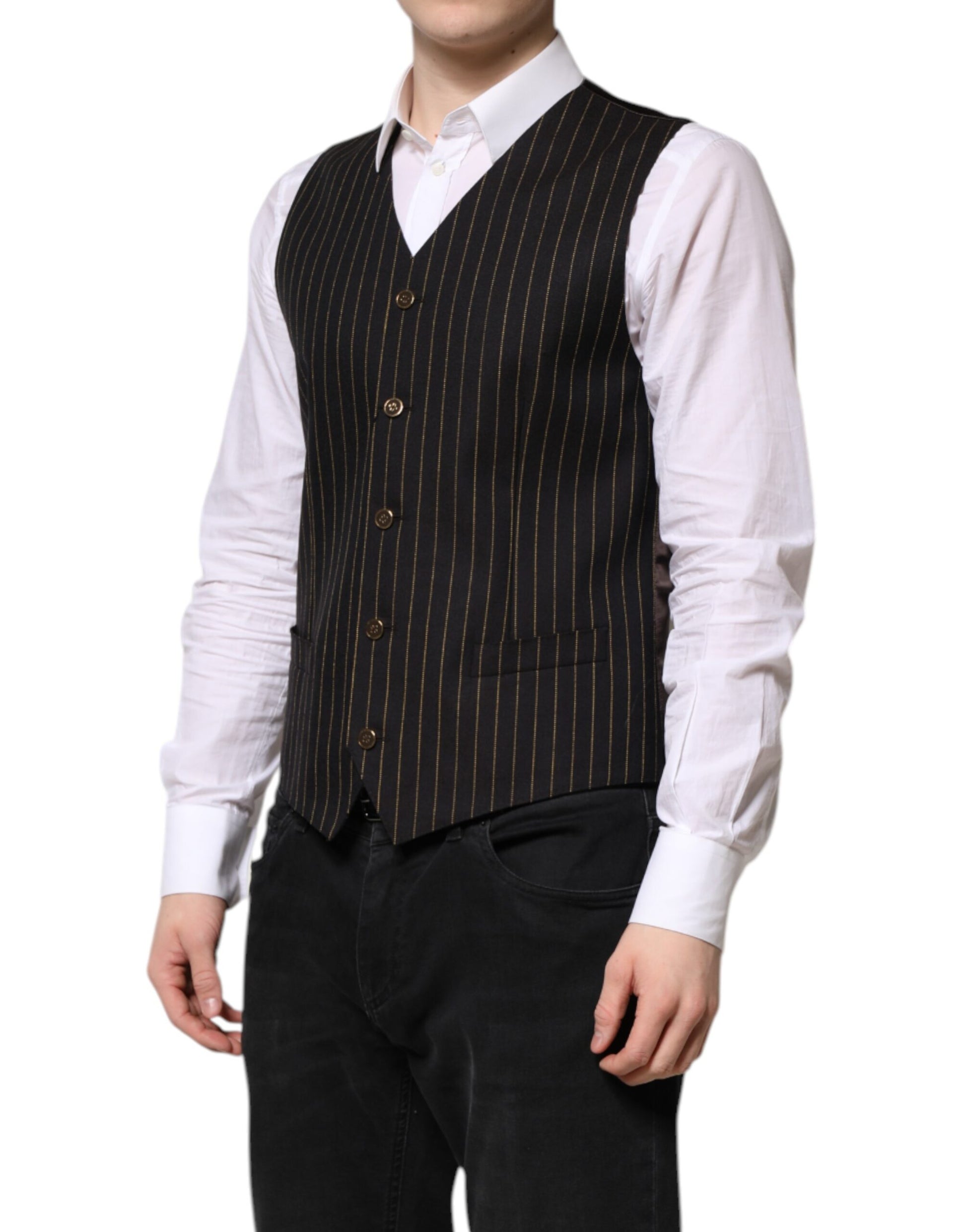 Dolce & Gabbana Black Striped Wool Formal Waistcoat Vest