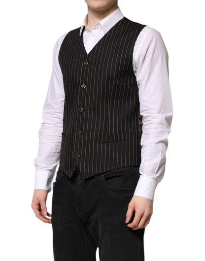Dolce & Gabbana Black Striped Wool Formal Waistcoat Vest