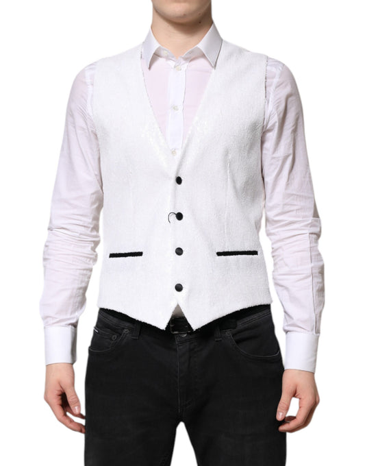 Dolce & Gabbana White Sequined Formal Waistcoat Vest