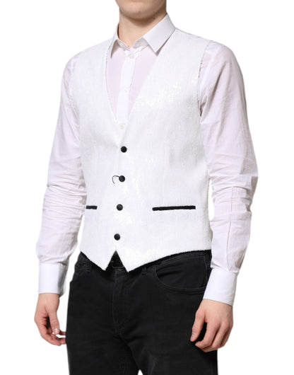 Dolce & Gabbana White Sequined Formal Waistcoat Vest