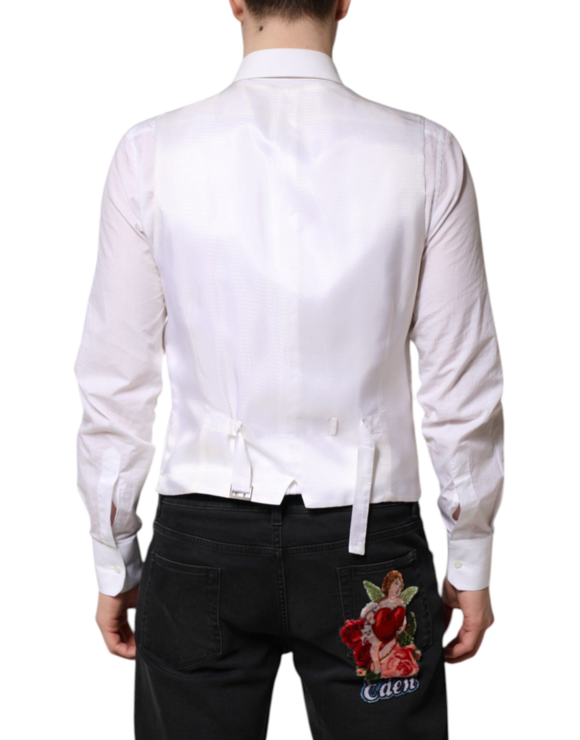 Dolce & Gabbana White Sequined Formal Waistcoat Vest