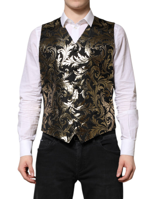 Dolce & Gabbana Black Gold Jacquard Formal Waistcoat Vest