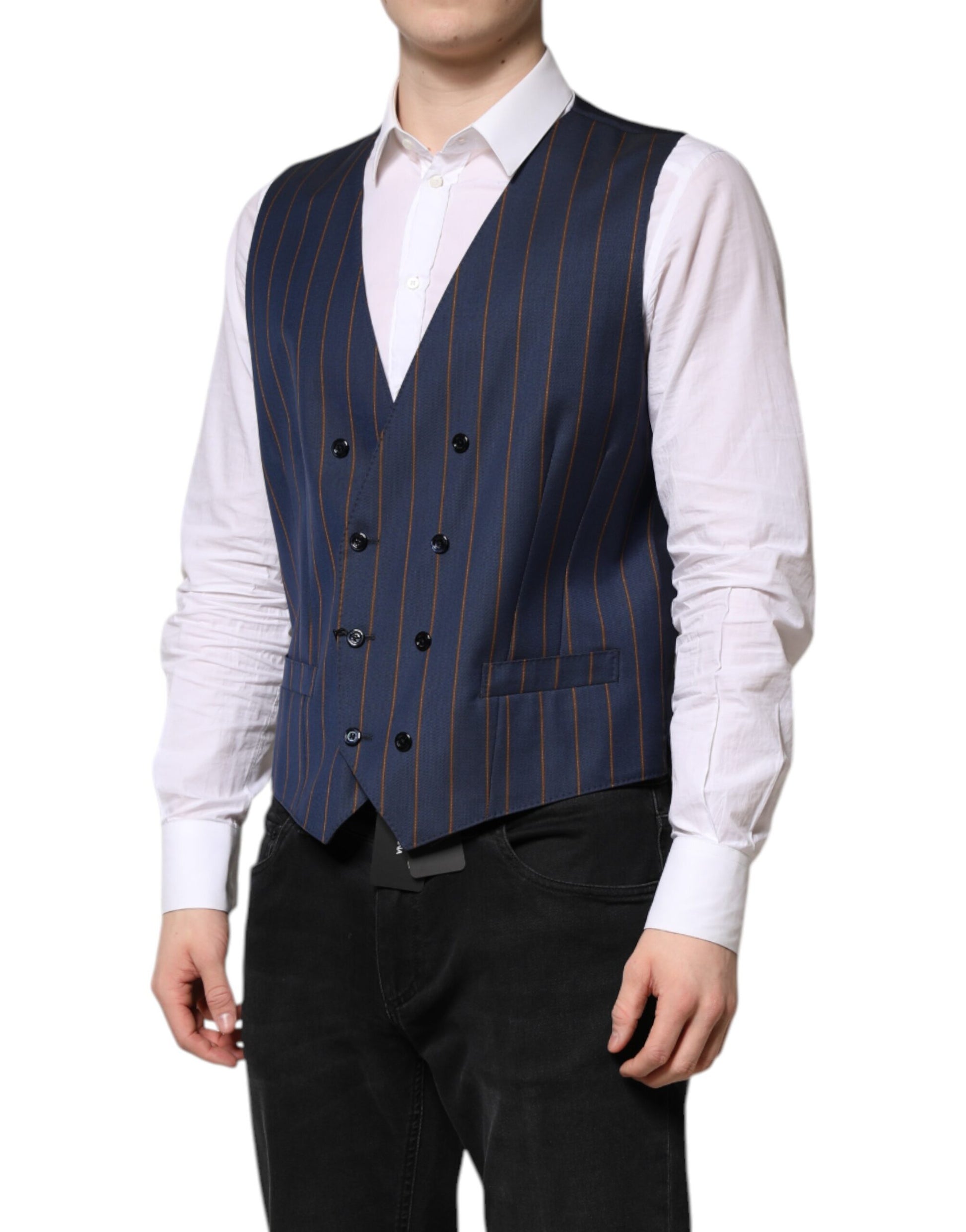 Dolce & Gabbana Blue Striped Wool Formal Waistcoat Vest
