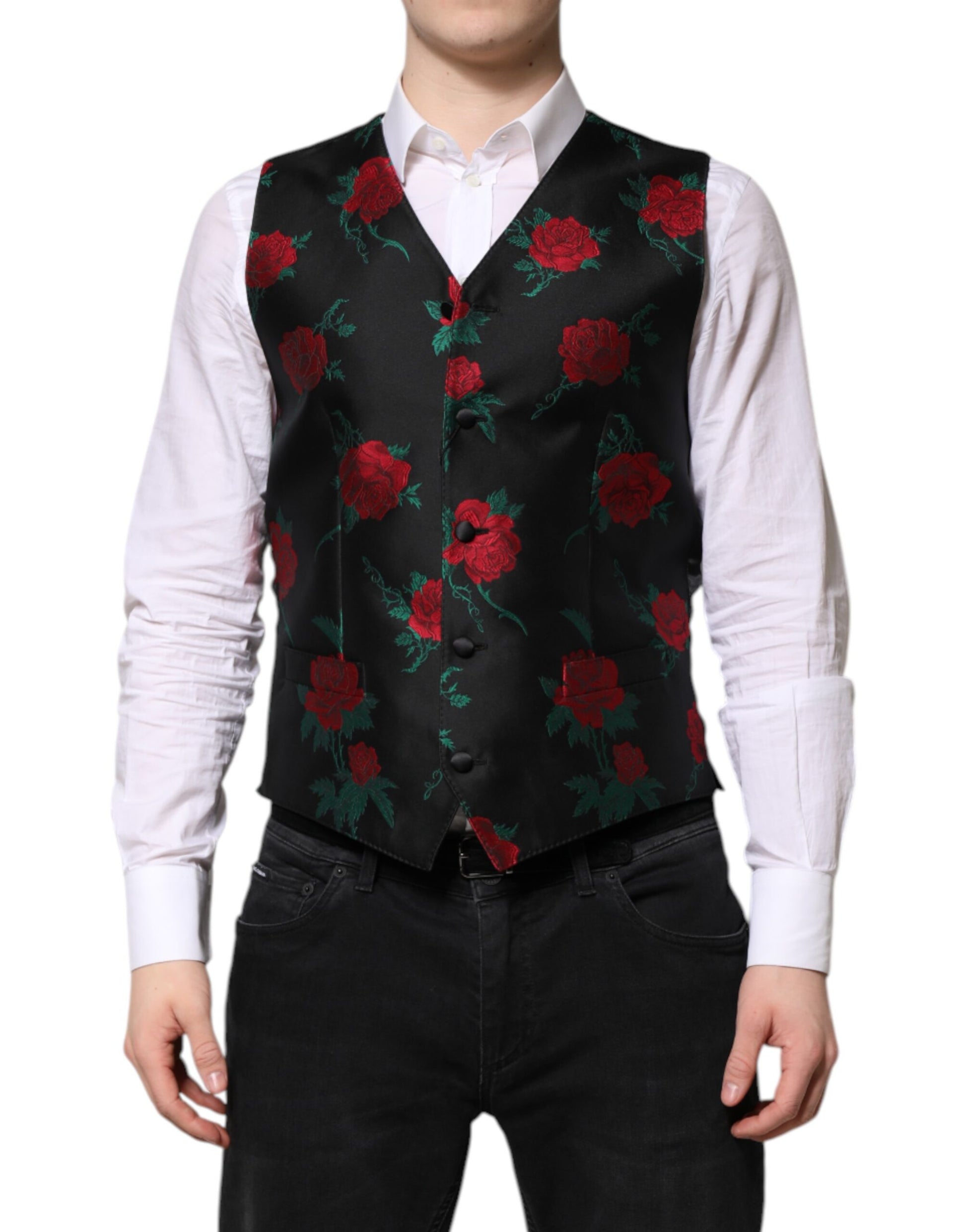 Dolce & Gabbana Black Floral Brocade Formal Waistcoat Vest