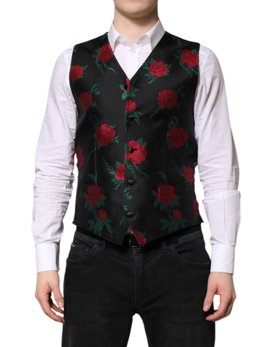 Dolce & Gabbana Black Floral Brocade Formal Waistcoat Vest