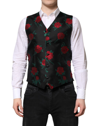 Dolce & Gabbana Black Floral Brocade Formal Waistcoat Vest