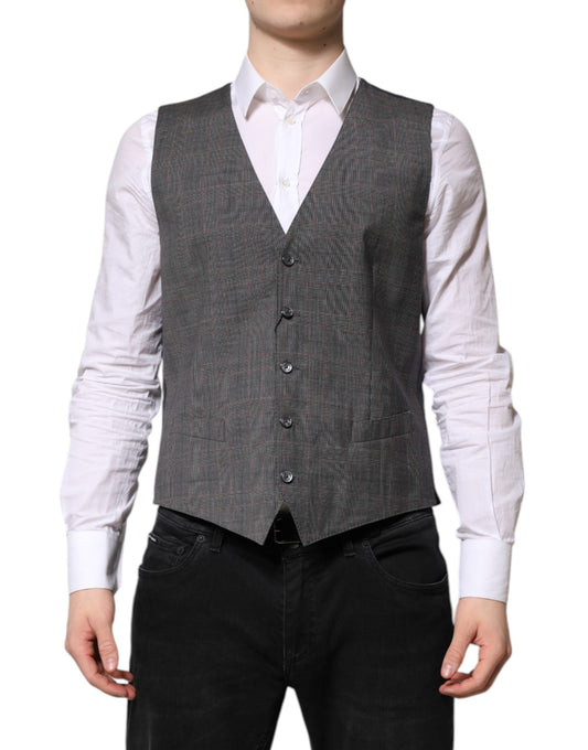 Dolce & Gabbana Gray Plaid Wool Formal Waistcoat Vest