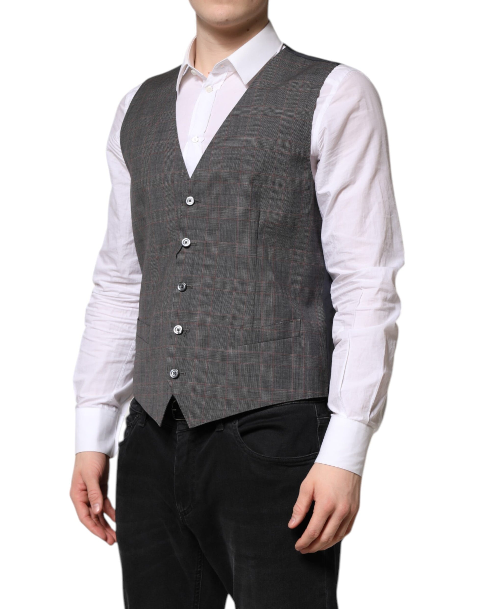 Dolce & Gabbana Gray Plaid Wool Formal Waistcoat Vest