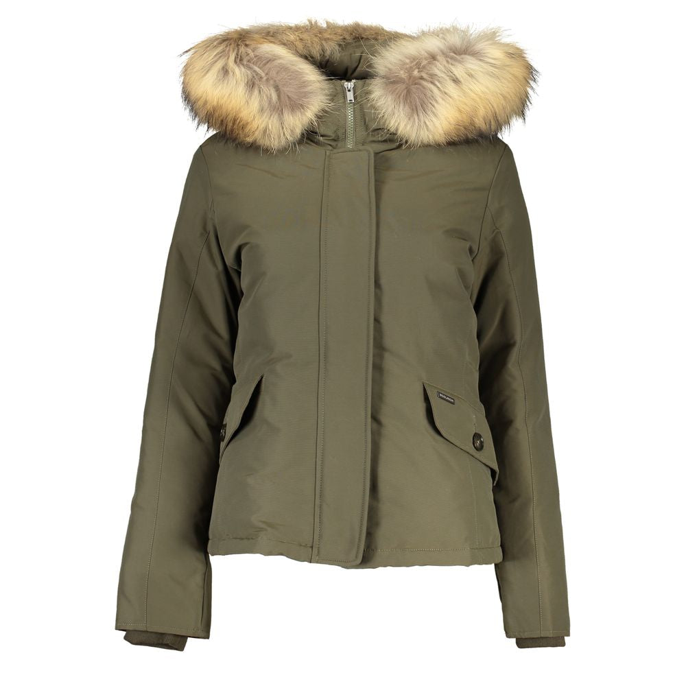 Woolrich Green Cotton Long Sleeved Jacket with Hood and Removable Fur