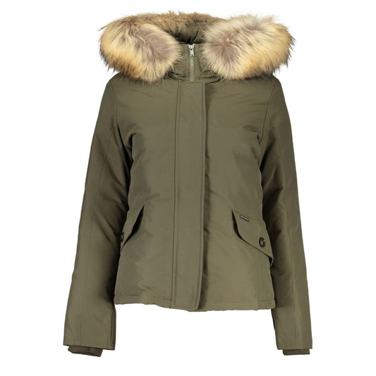 Woolrich Green Cotton Long Sleeved Jacket with Hood and Removable Fur
