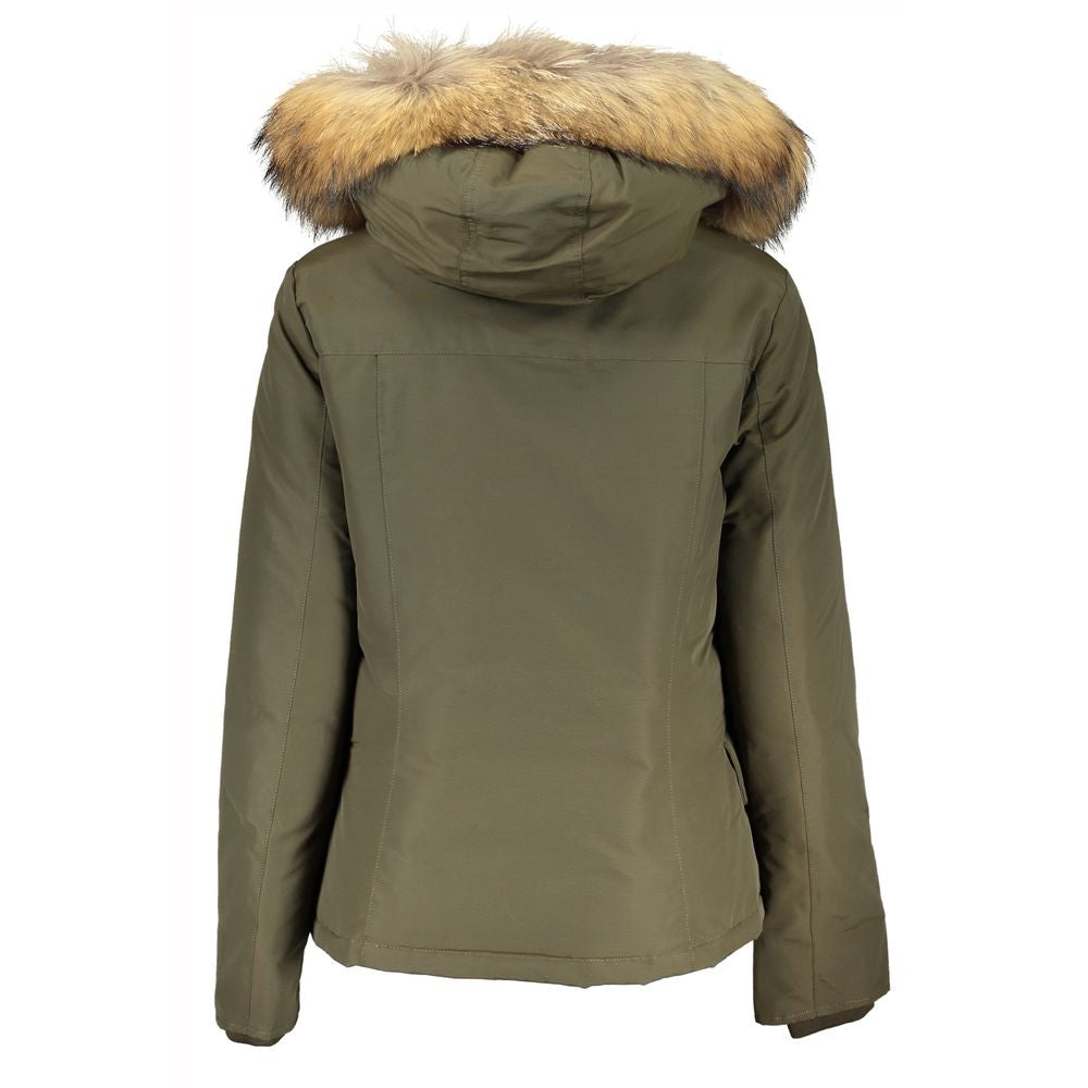 Woolrich Green Cotton Long Sleeved Jacket with Hood and Removable Fur