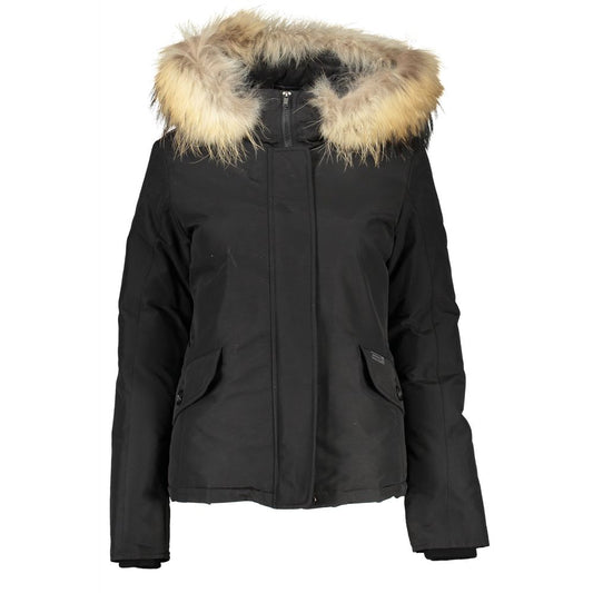 Woolrich Black Cotton Jacket with Hood and Removable Fur