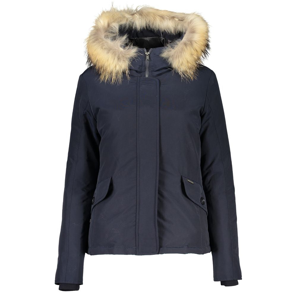 Woolrich Blue Cotton Jacket with Hood and Removable Fur