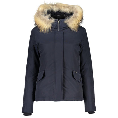 Woolrich Blue Cotton Jacket with Hood and Removable Fur