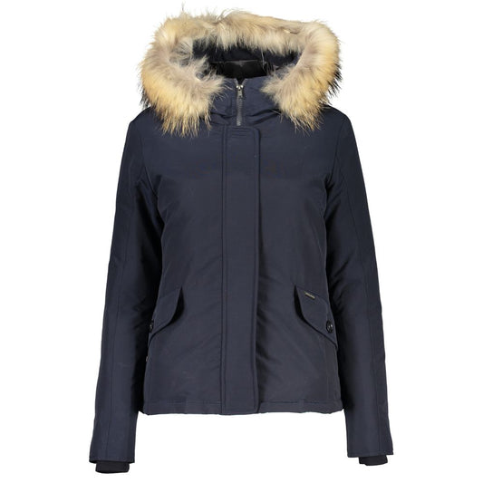 Woolrich Blue Cotton Jacket with Hood and Removable Fur