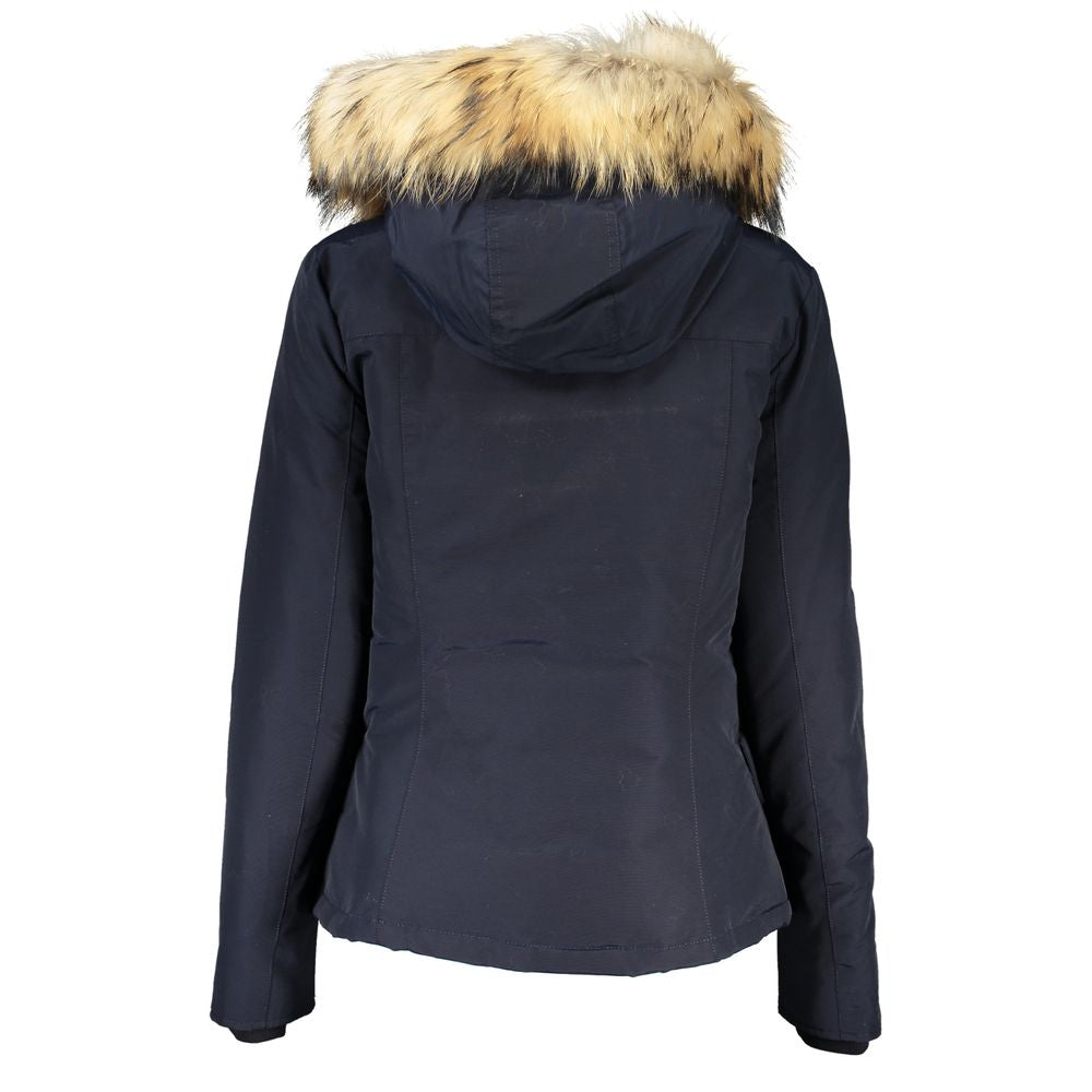 Woolrich Blue Cotton Jacket with Hood and Removable Fur