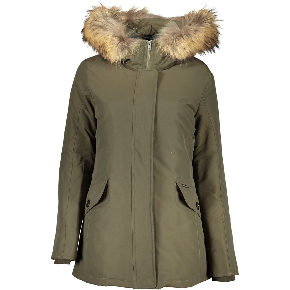 Woolrich Green Cotton Long Sleeved Jacket with Hood and Removable Fur