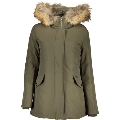 Woolrich Green Cotton Long Sleeved Jacket with Hood and Removable Fur