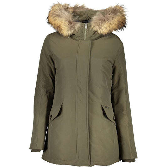 Woolrich Green Cotton Long Sleeved Jacket with Hood and Removable Fur