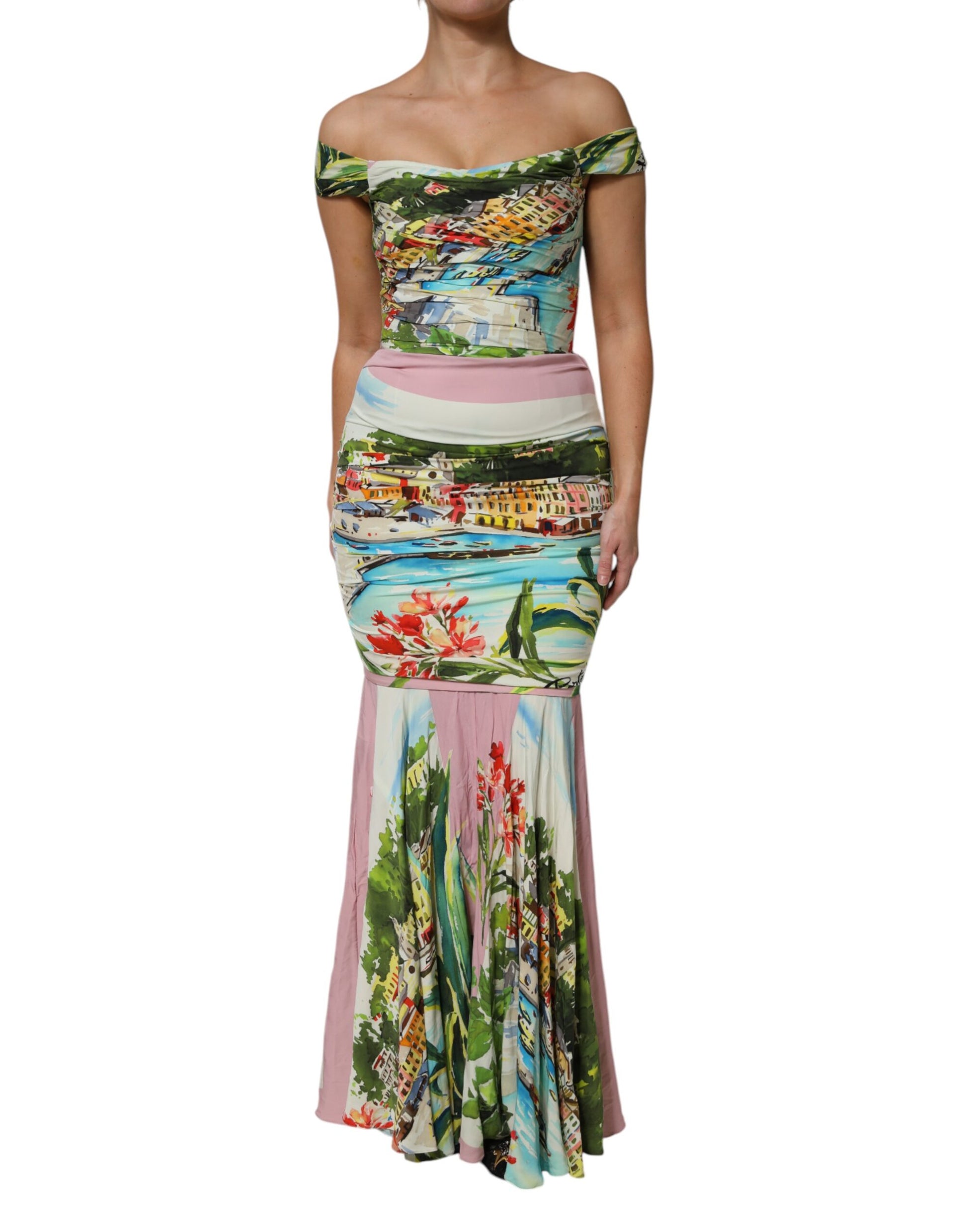 Dolce & Gabbana Multicolour Off Shoulder Long Sheath Dress