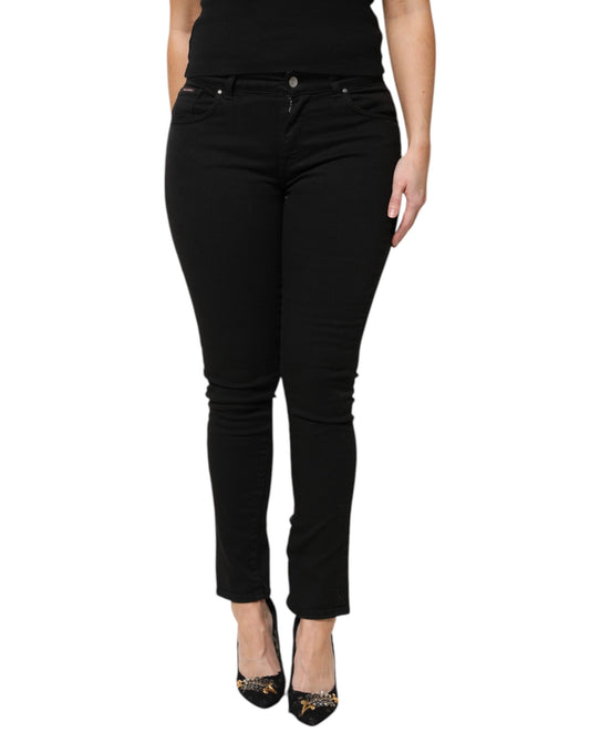 Dolce & Gabbana Black Cotton Logo Mid Waist Skinny Jeans